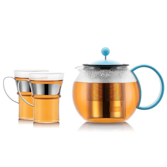 Tea press with s/s filter, 1.0 l, 34 oz and 2 mugs, 0.35 l, 12 oz